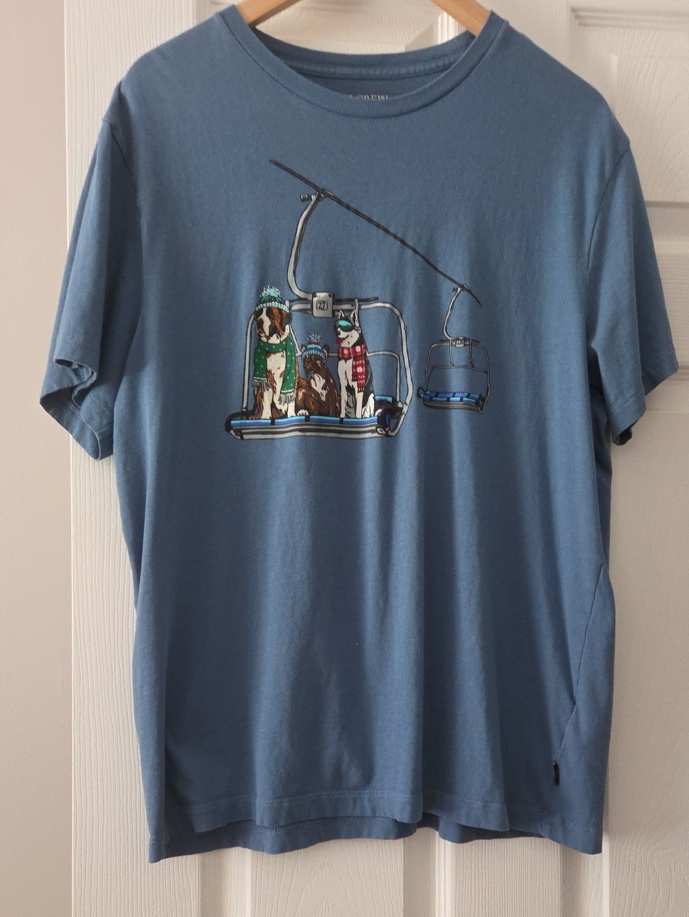 J. Crew Blue Short Sleeve Graphic Crewneck Tee with Ski Chair Dogs